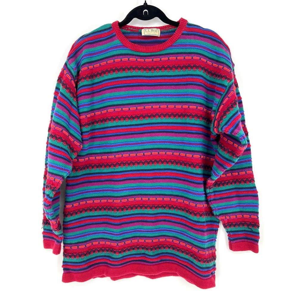 VTG 90s L.L. Beanβ 3D Knit Sweater Medium Multicolor Stripe USA Cottage Grandma
